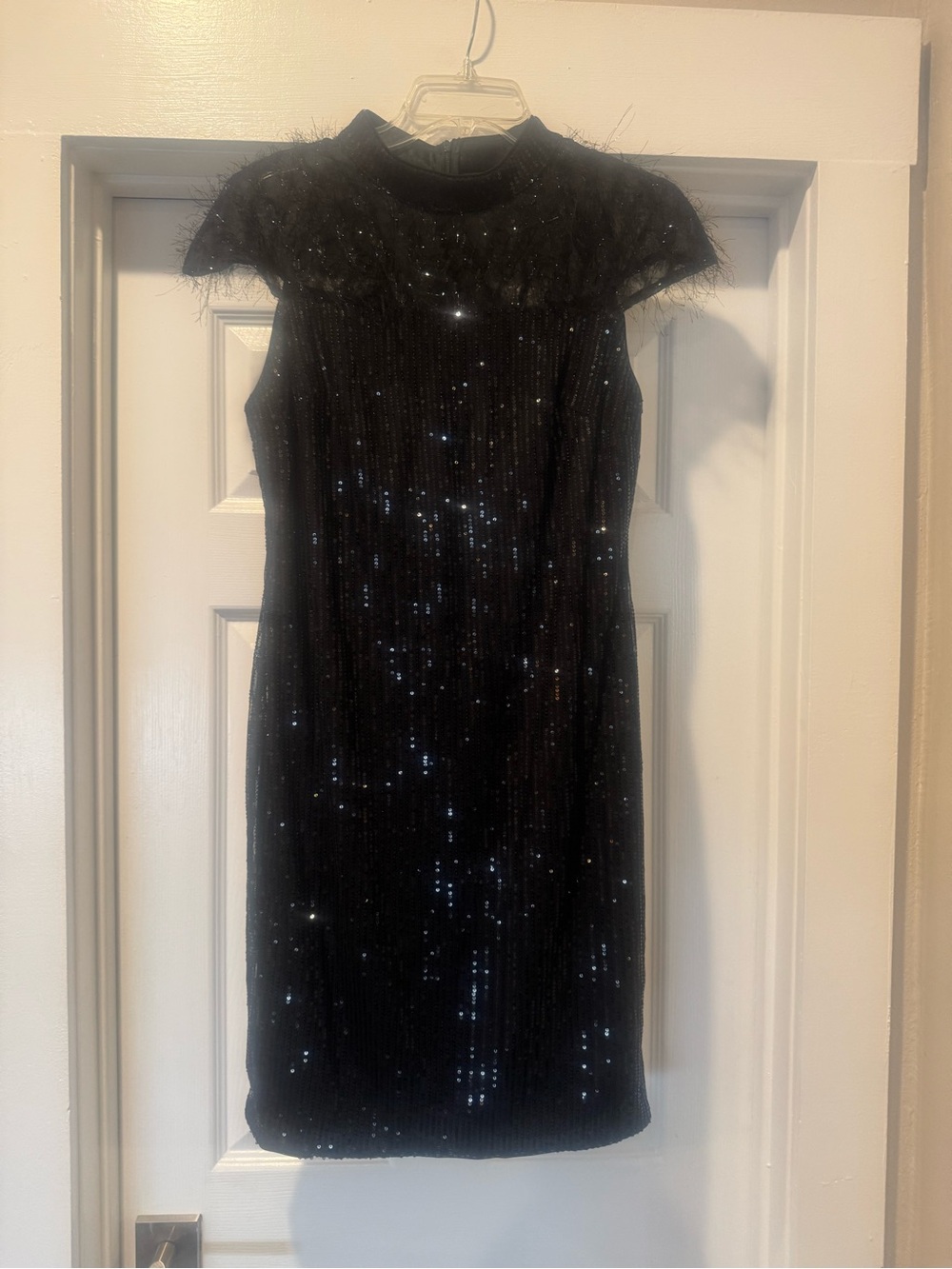 SHEIN Black Sequin Feather-Trim Mini Dress